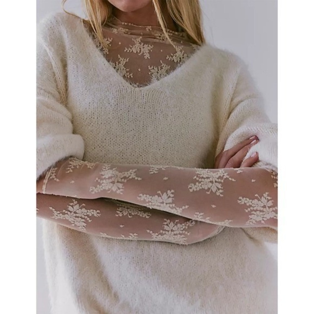 Premium Sheer Lace Top Size L White Long Sleeve Mock Neck Poetcore Boho NWT